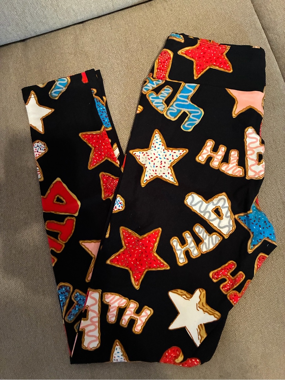 LuLaRoe Black Leggings with Red, White & Blue 4th Star and Cookie Motif